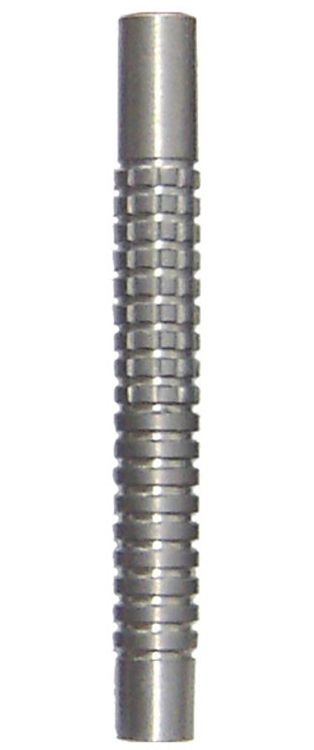 Das Bild zeigt einen Dartpfeil-Barrel aus Metall mit geriffeltem Griff. Es handelt sich um das Modell "McDart Dart Star" aus 85 % Tungsten.